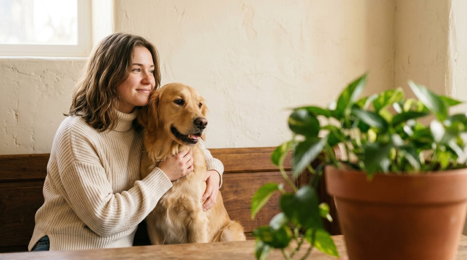 Young woman in cream knit turtleneck embracing her golden retriever in a warm Kinfolk-staged interior