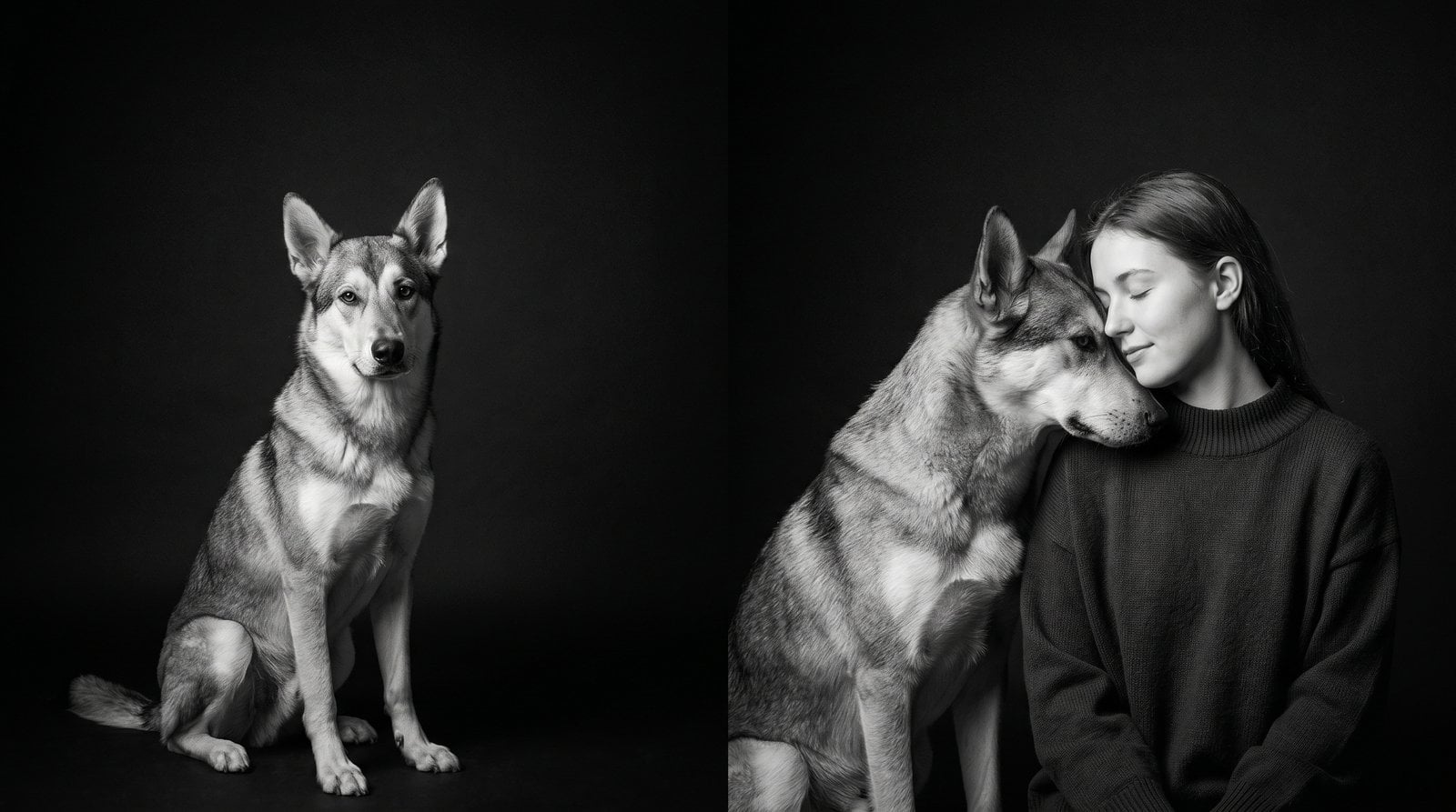 Fine-art B&W editorial diptych on a black background — a single dignified shepherd-husky-mix dog seated on the left, the same dog cheek-to-cheek with its owner on the right