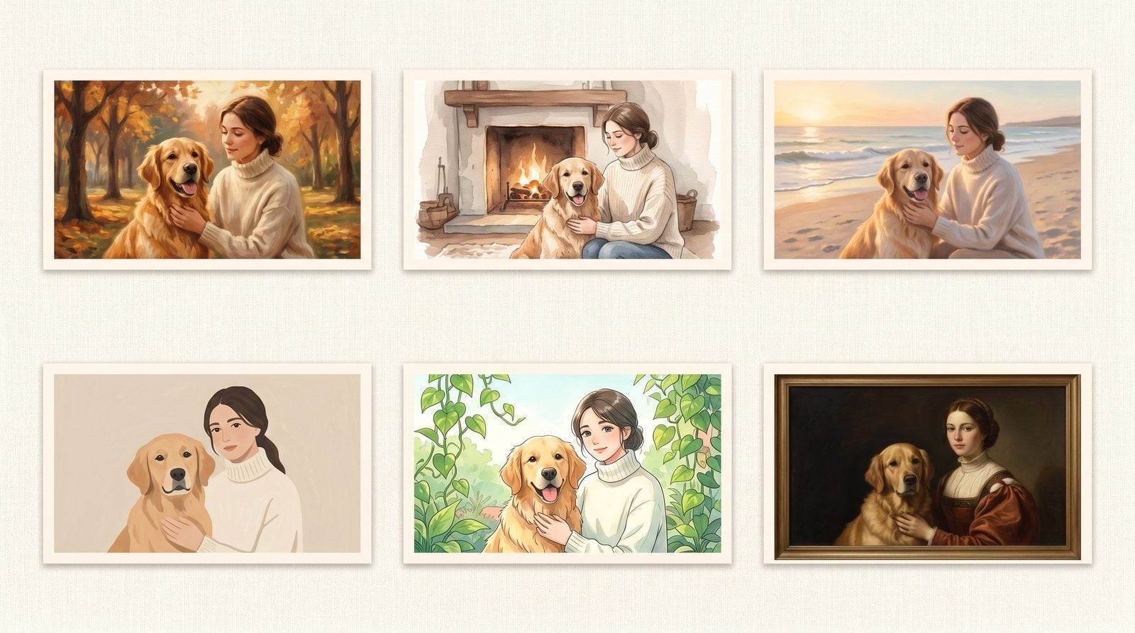 Six different artistic style samples of the same owner and pet — autumn park, fireplace, beach, studio, garden, Renaissance oil painting