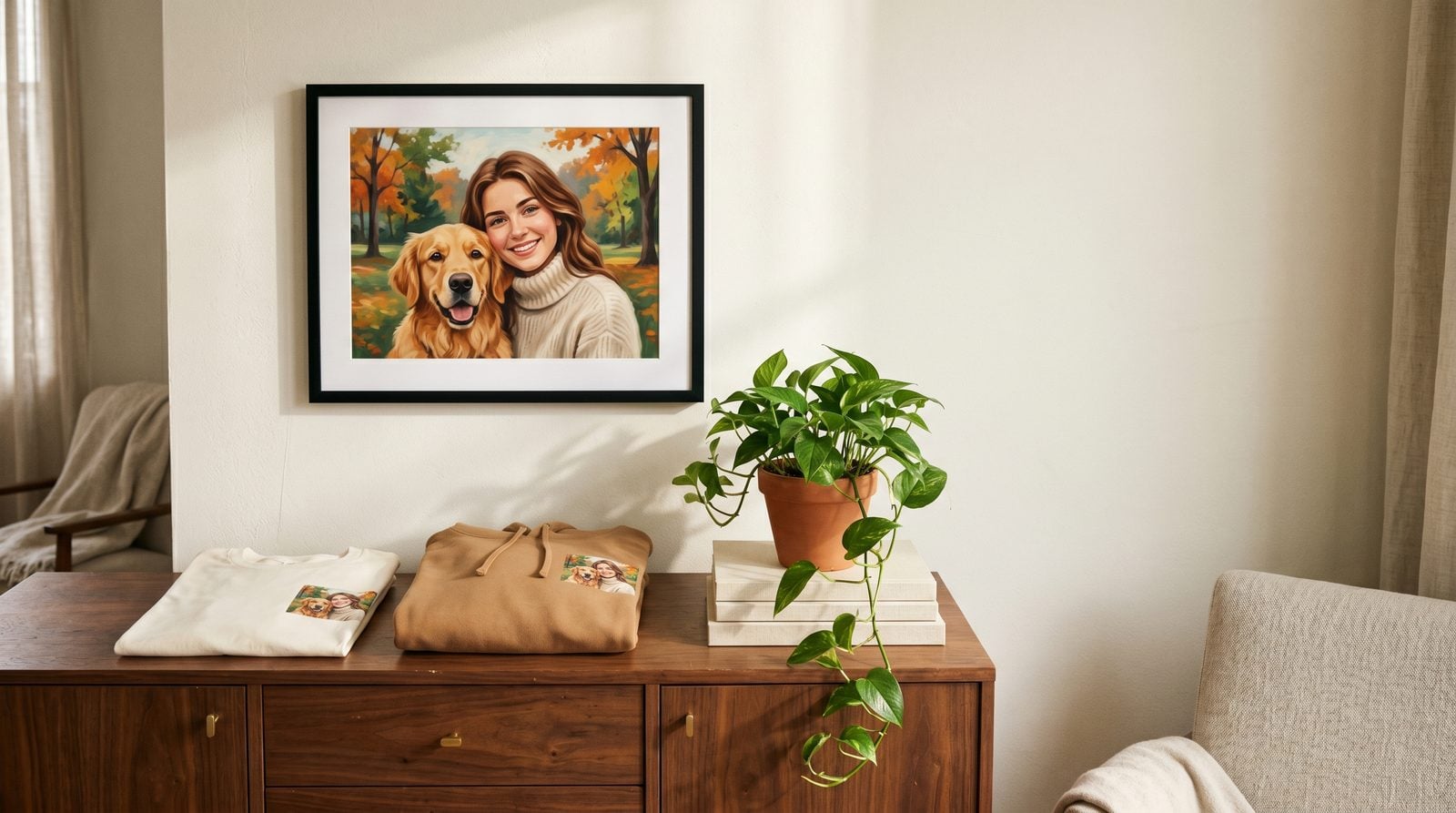 Framed canvas of the bond portrait on a wall above a warm walnut credenza, with folded tee and folded hoodie nearby