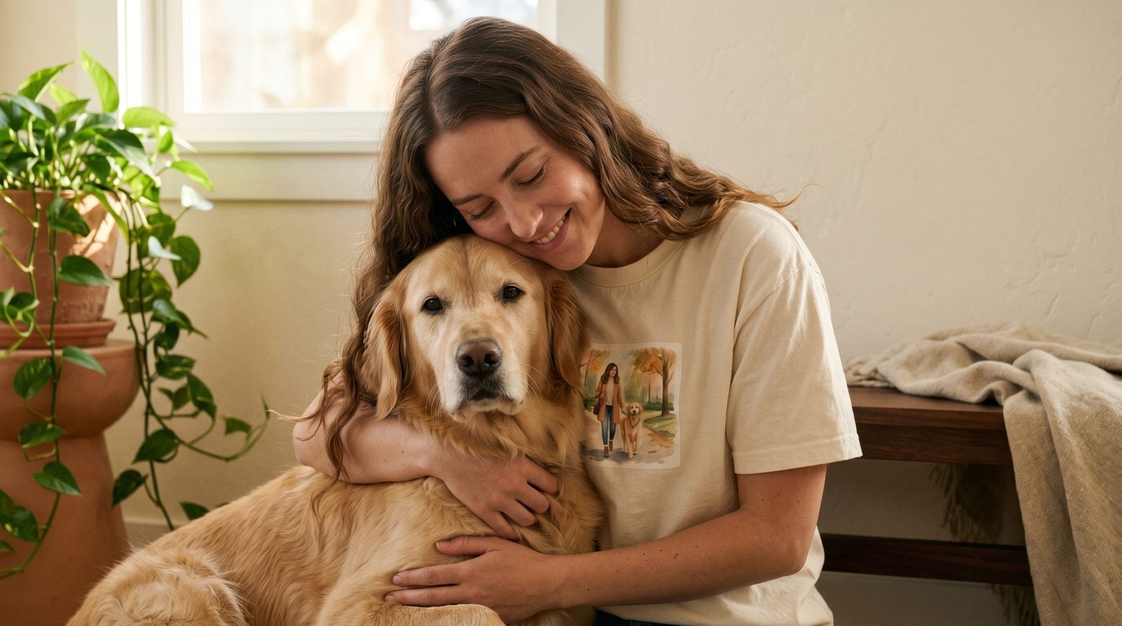 Owner in a cream tee with the bond portrait printed on the chest, gently hugging her golden retriever in a warm home interior