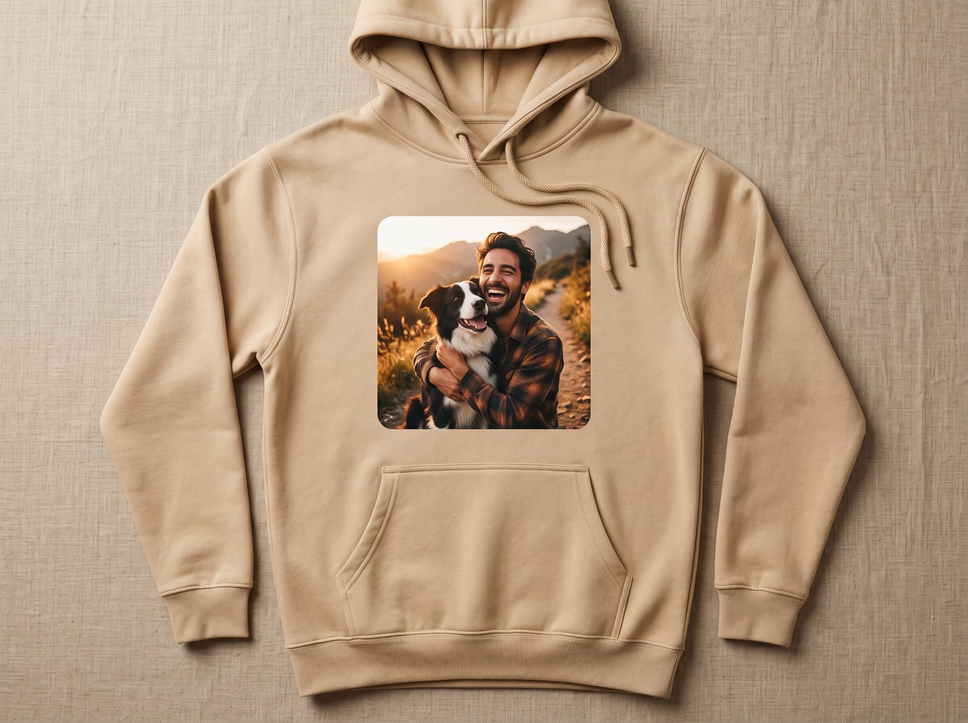 Premium sand-colored cotton hoodie, pressed flat, with a warm color bond portrait printed center-chest and soft rounded corners on the artwork — editorial product mockup