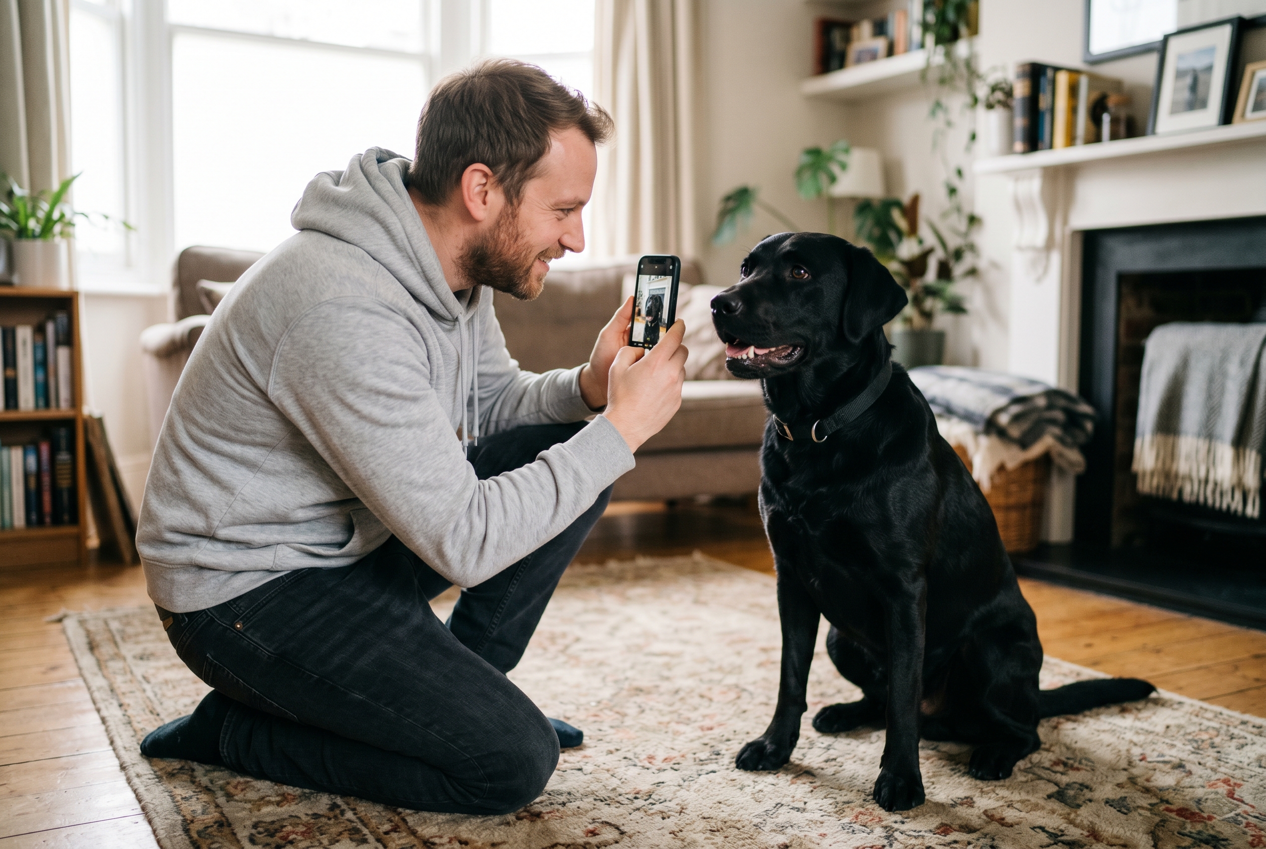 A man in a grey hoodie kneeling on his living room rug, holding his phone at his black labrador's eye level — the right way to take a source photo.
