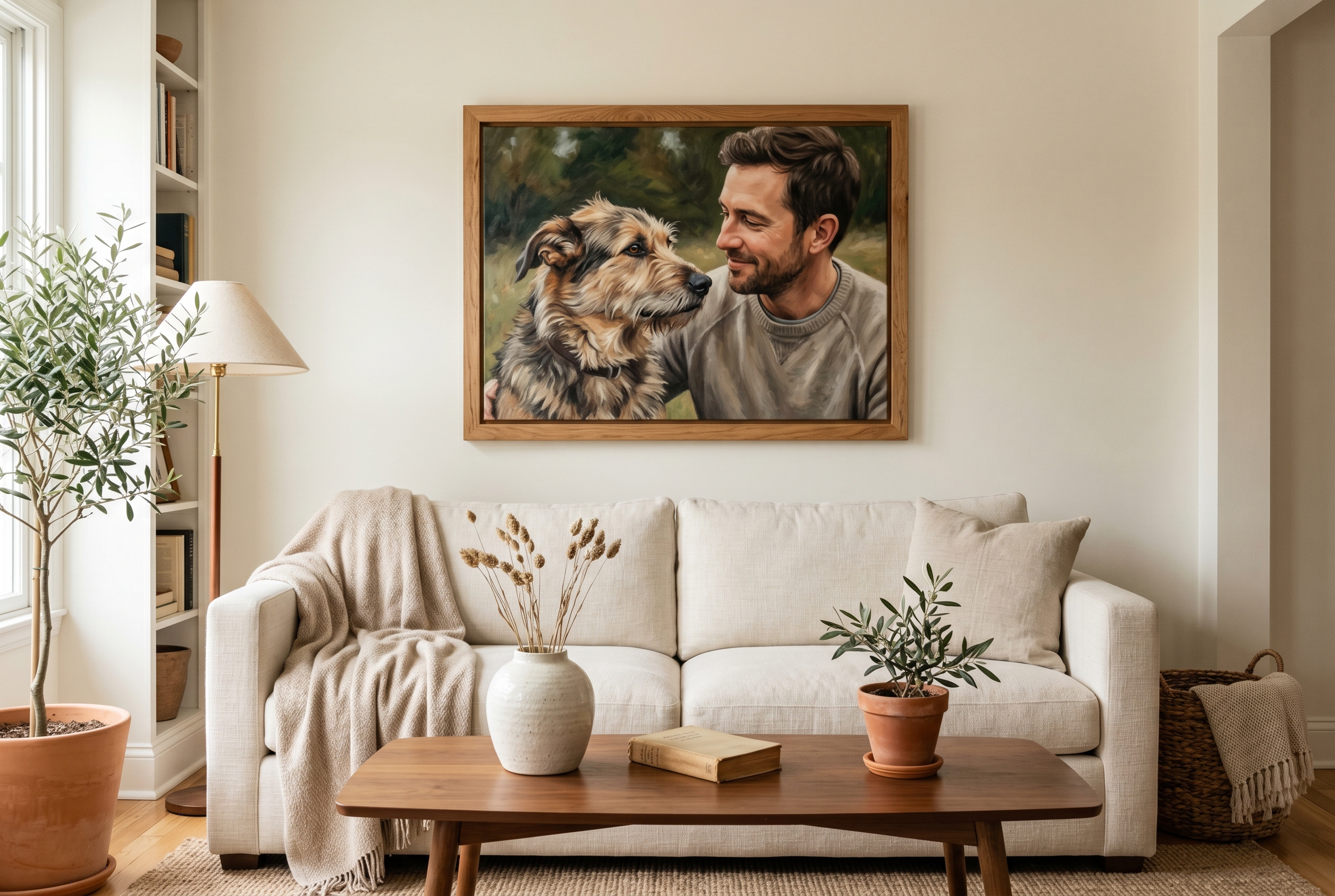 A bond portrait of a man and his shepherd-mix dog, framed in oak, hanging above a cream sofa in a styled living room — what the print actually looks like in a home.