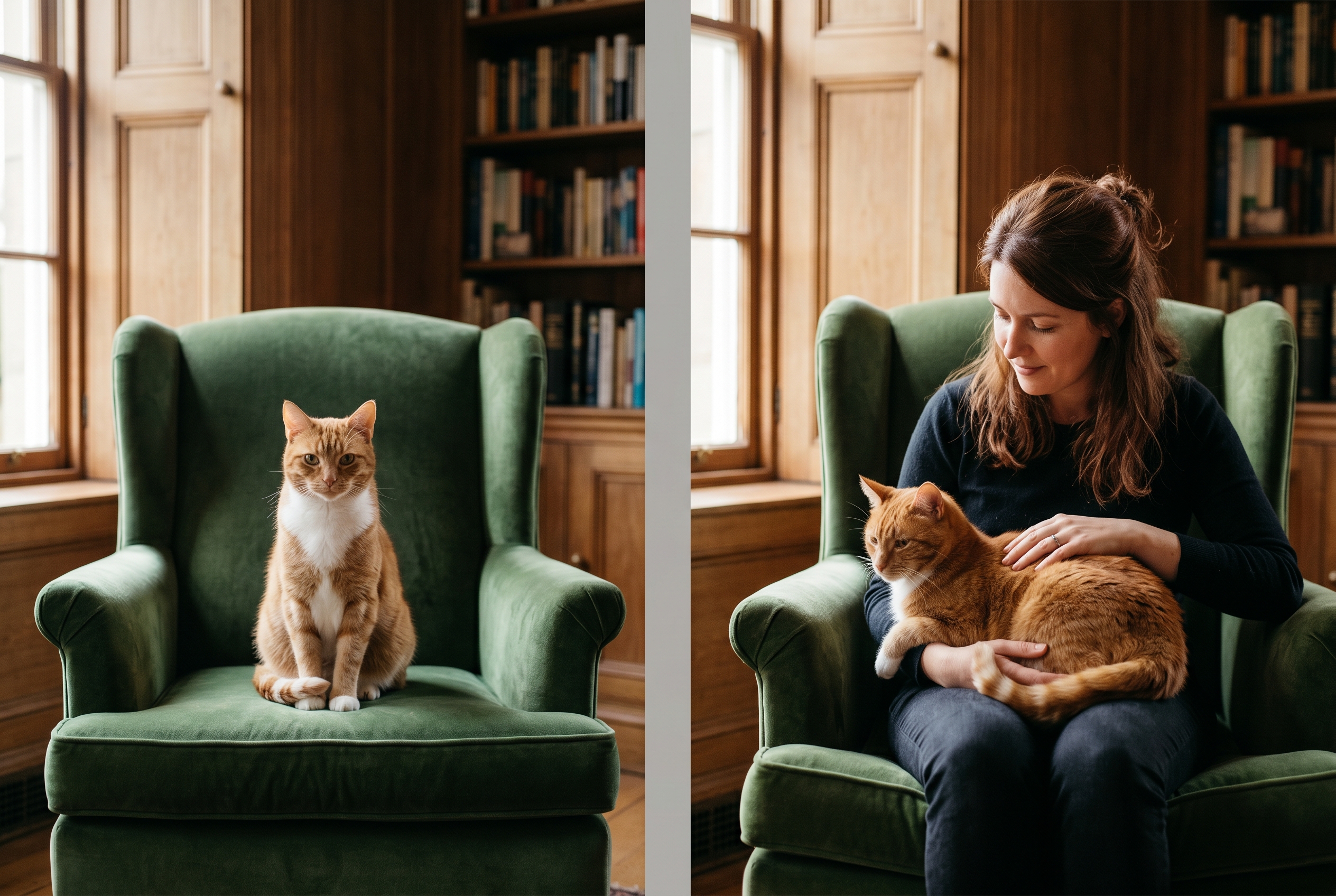 Diptych showing the same ginger cat — once alone on a velvet armchair, once with his owner in the same chair. The bond version feels noticeably warmer and more complete.