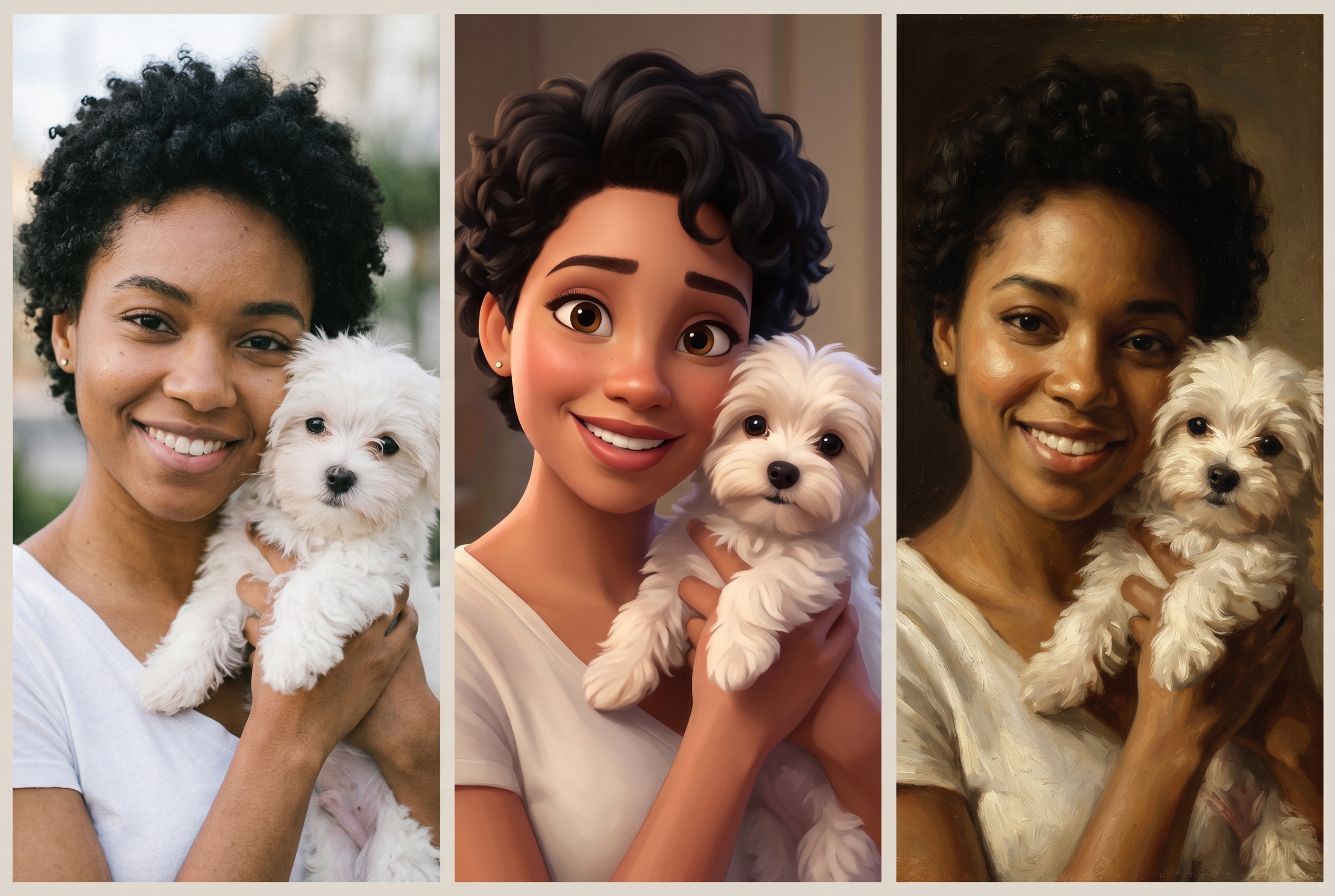 Triptych: same woman with her white maltese puppy, rendered as documentary photo, Pixar-style 3D animation, and classical oil painting — same identity across all three.