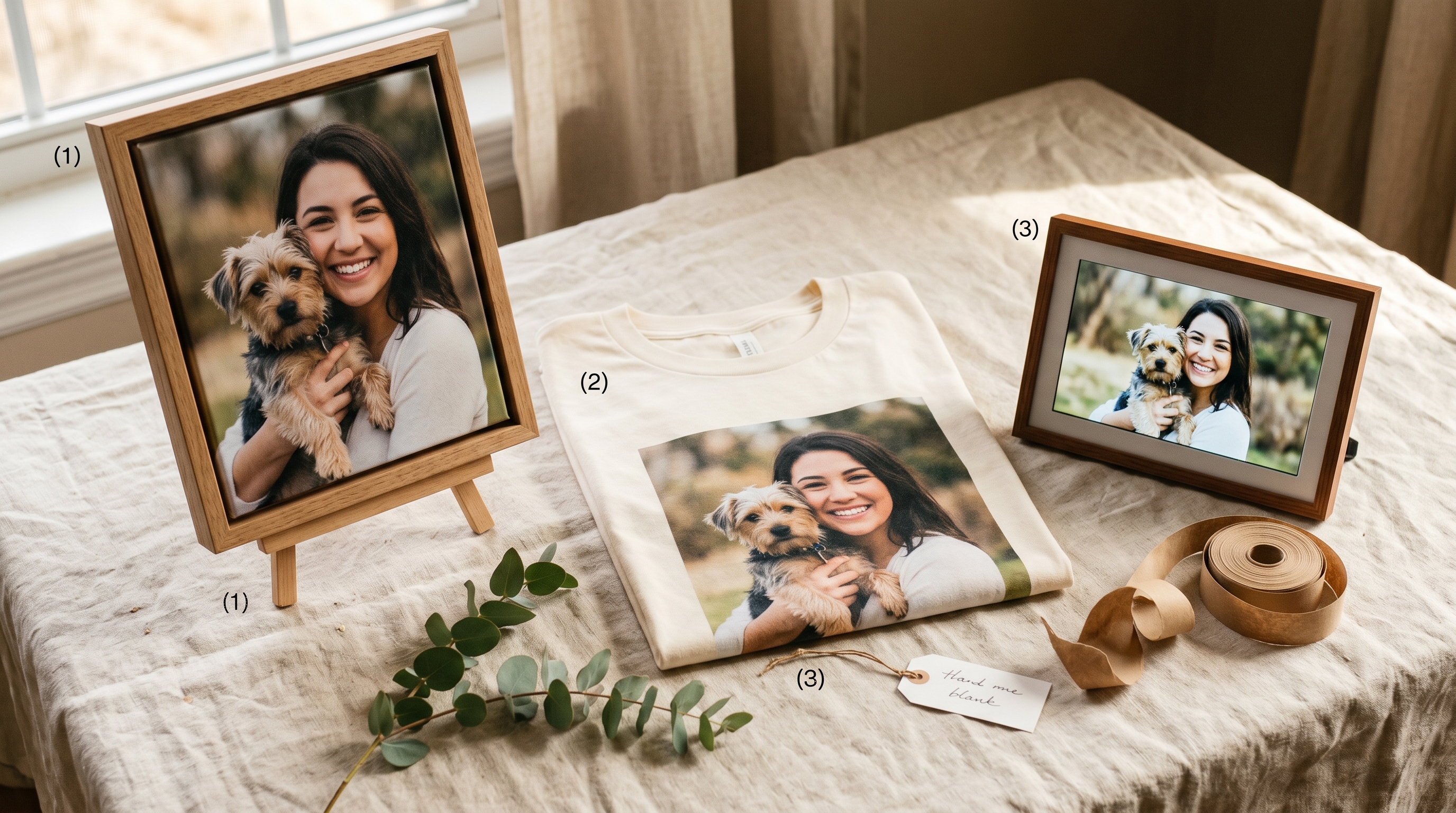 A bond portrait of a woman and her small dog shown three ways on a linen surface — a framed canvas, a folded cream t-shirt, and a small wood-bezeled digital frame — styled with eucalyptus and ribbon