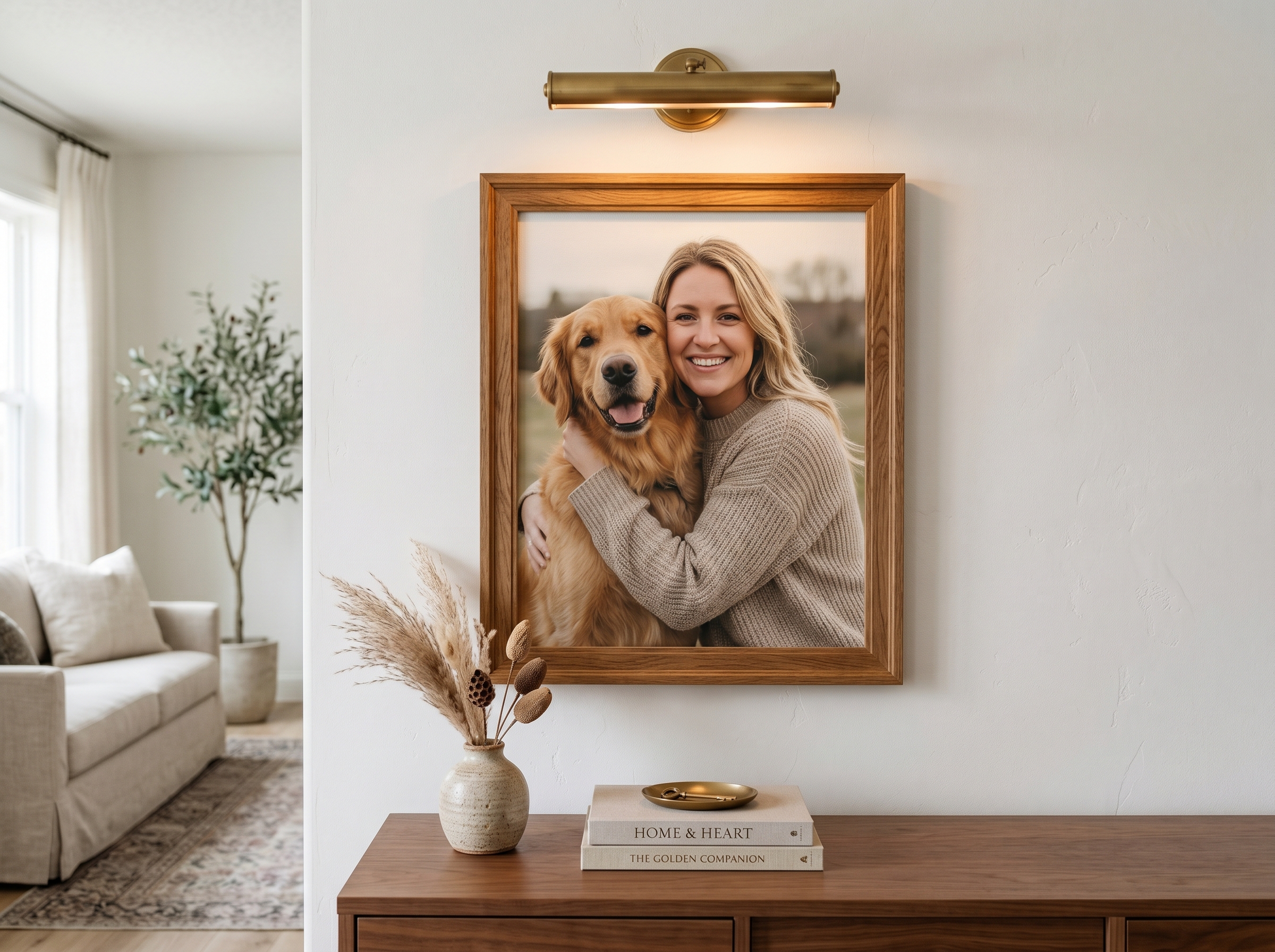 A framed canvas portrait of a woman and her golden retriever hanging on a wall above a warm walnut console with a brass picture light