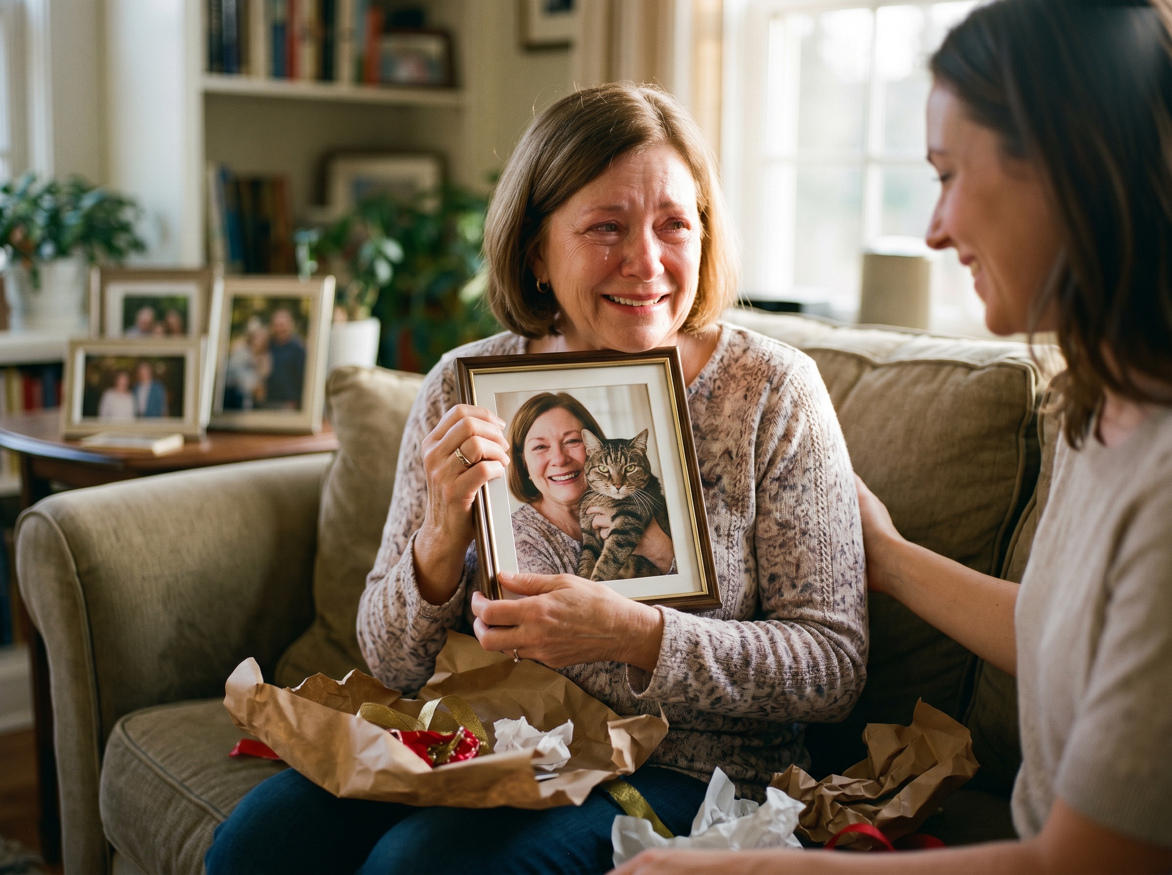 An older woman tearing up with joy as she unwraps a framed portrait of herself with her cat, her daughter watching warmly beside her