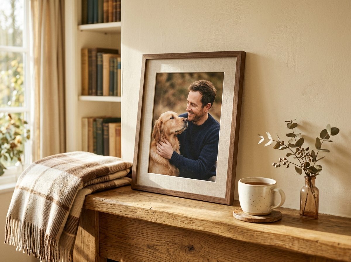 A framed bond portrait of a man and his dog resting on a sunlit oak mantel