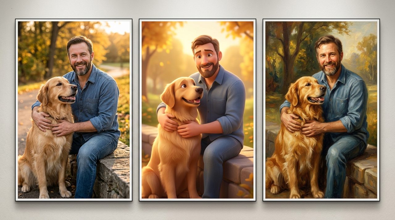 The same man-and-dog portrait shown in three styles: realistic photo, animated 3D, and oil painting