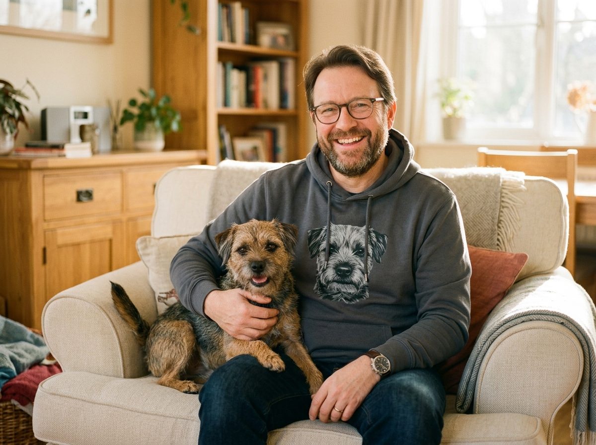 A smiling dog dad wearing a studio-printed hoodie featuring his dog, his dog in his lap