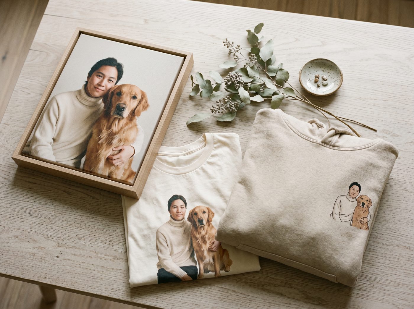 A framed canvas, a printed tee, and a hoodie, all featuring a pet-and-owner bond portrait