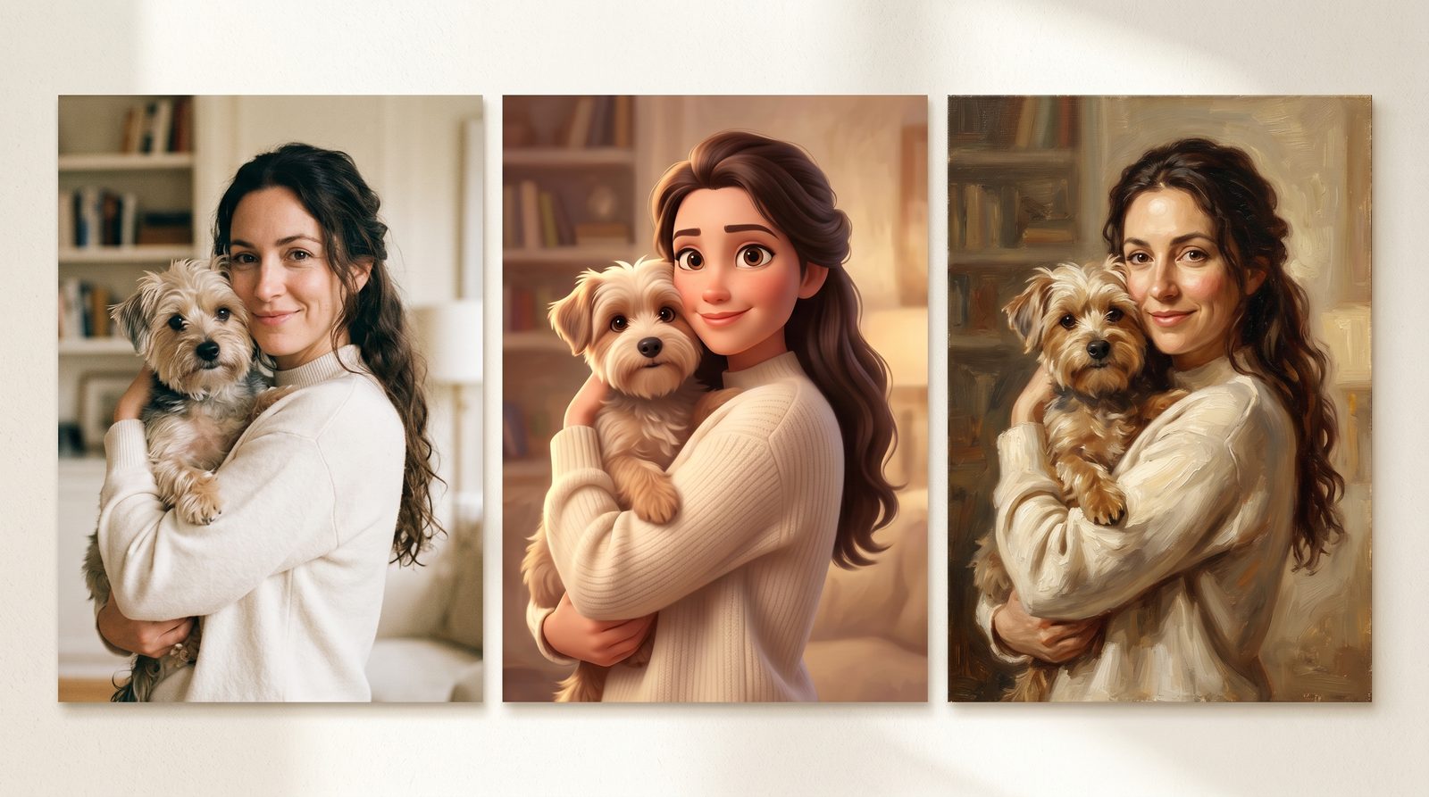 Three styles of the same pet-and-owner portrait — photo-real, 3D animated, and oil painting