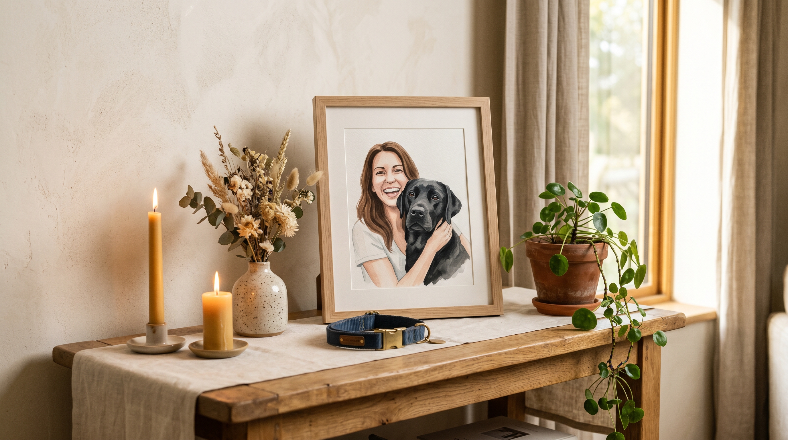 A warm memorial keepsake nook on an oak console — a framed portrait of a woman and her black Labrador, candles, dried flowers, and a folded dog collar