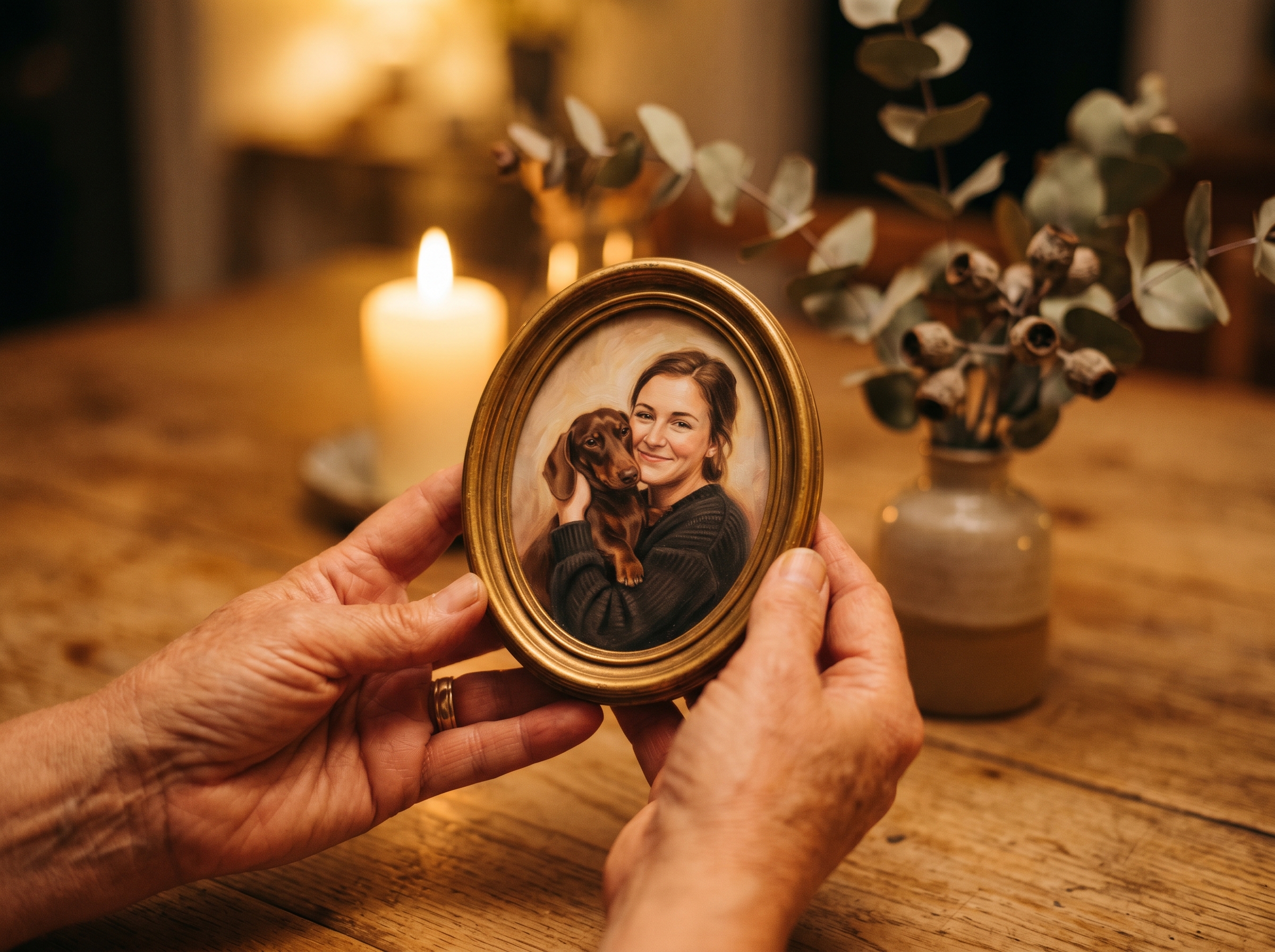 A pair of hands holding a small oval-framed painted portrait of a woman cheek-to-cheek with her dachshund, beside a candle and dried eucalyptus