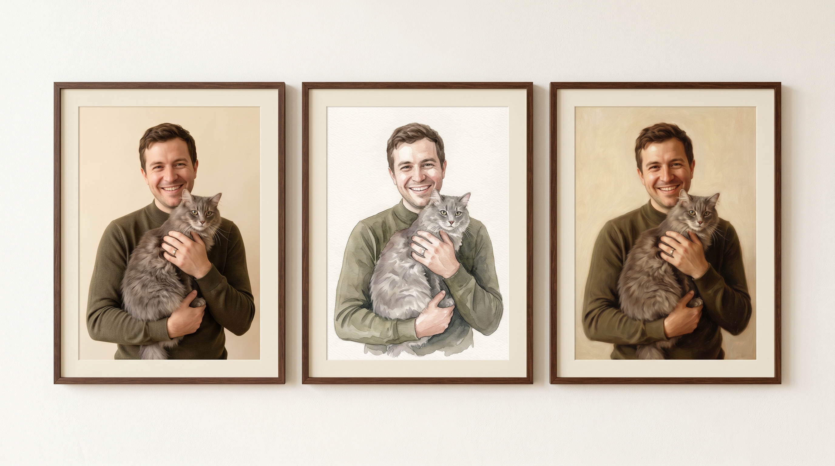 A triptych showing the same man and his cat rendered three ways — photographic, watercolor, and oil painting