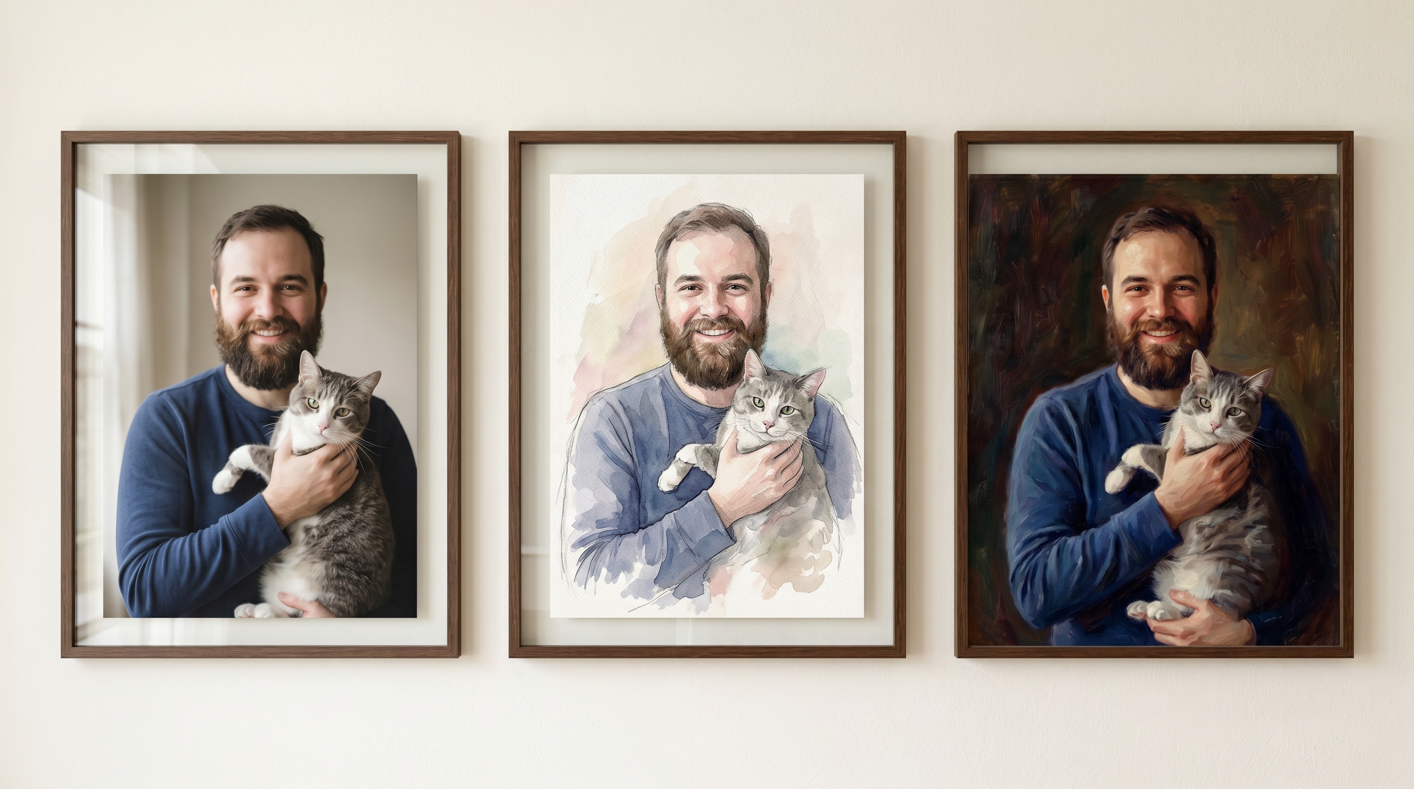 A triptych showing the same cat dad and his grey cat rendered three ways — photographic, watercolor, and oil painting