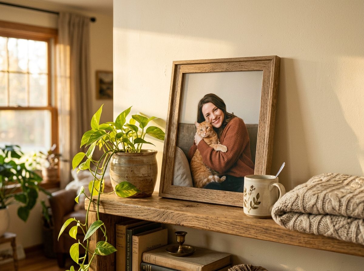 A framed bond portrait of a woman and her cat resting on a sunlit shelf