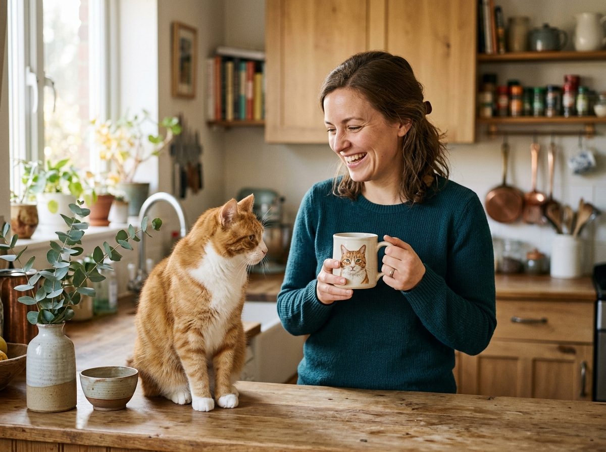 A cat mom holding a mug printed with her cat's portrait, her real cat beside her