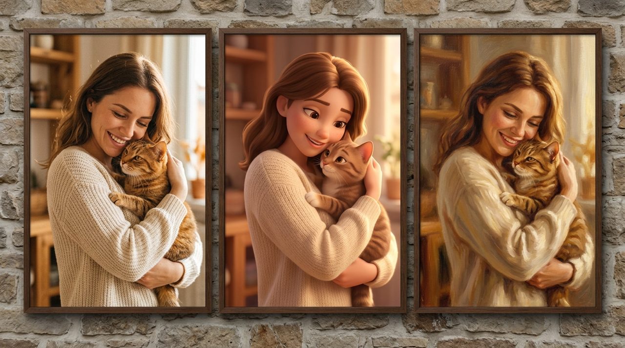 The same cat-and-owner portrait shown in three styles: realistic photo, animated 3D, and oil painting